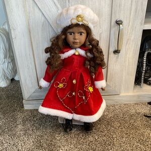 16” Porcelain Doll with Red Dress Holiday Doll Velvet Dress